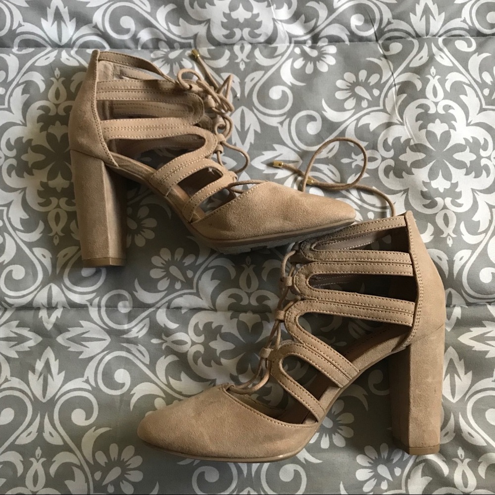Strappy Nude Suede Block Heels
